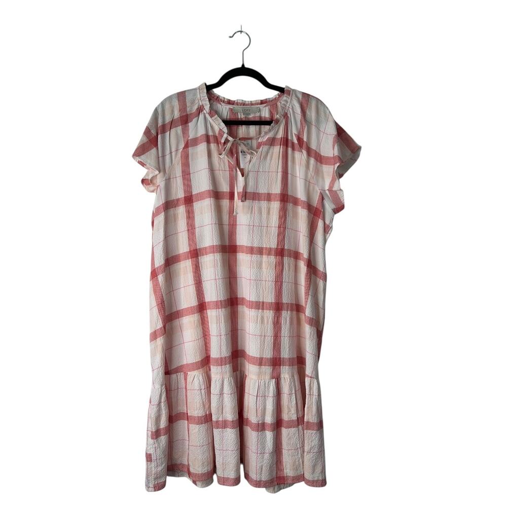 Loft Gauzy Picnic Dress XL Red White Plaid Flutter Sleeves Ruffle Hem No Belt - Picture 1 of 11